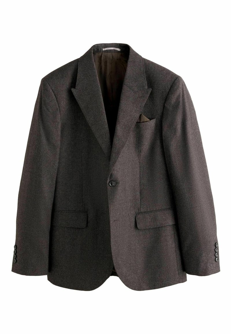 Dark gray men's blazer with notched lapels, single-button closure, flap pockets, and a pocket square in the breast pocket.