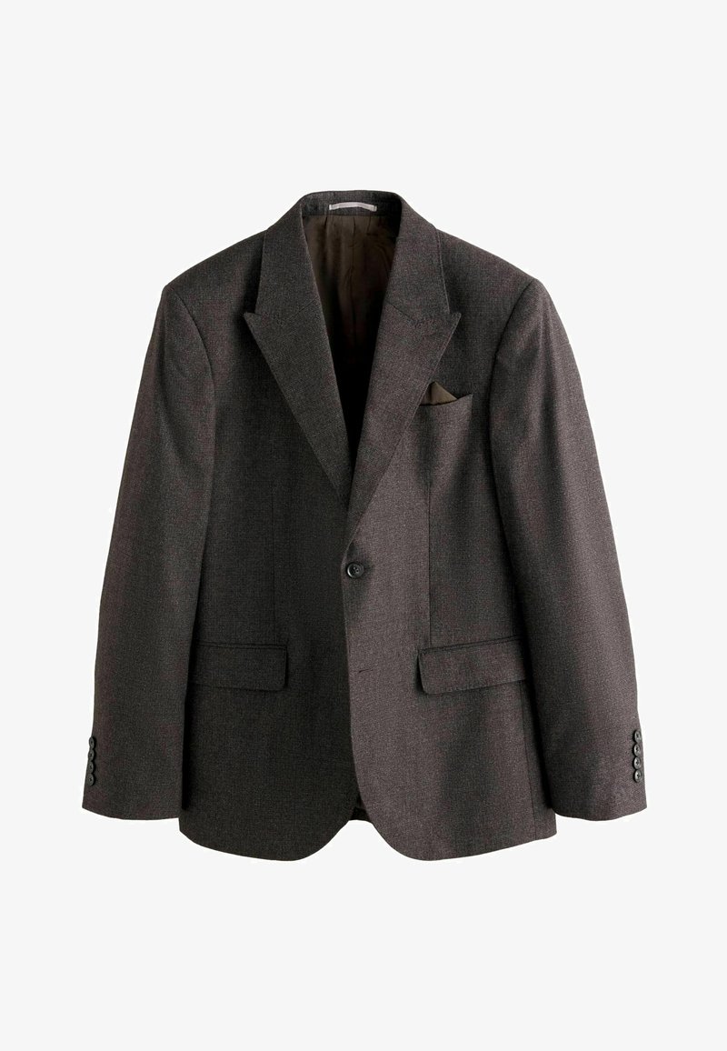 Dark gray men's blazer with notched lapels, single-button closure, flap pockets, and a pocket square in the breast pocket.