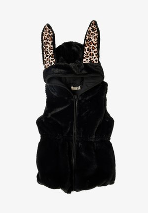 Sort faux fur vest med hætte, med leopardprint indvendige ørhighlight. Lynlås foran og elastisk talje for en tætsiddende pasform.