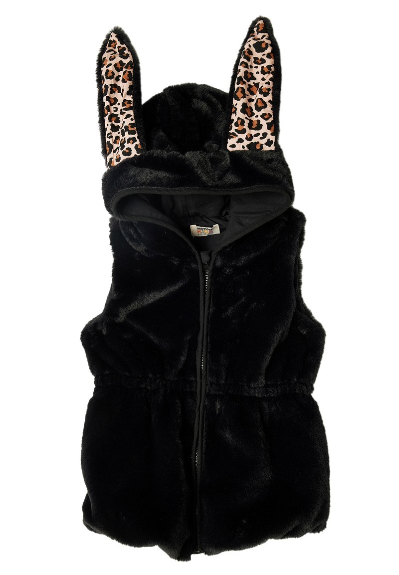 Zwarte nepbont vest met een capuchon, voorzien van panterprint accenten aan de binnenkant van de oren. Rits aan de voorkant en een elastische tailleband voor een stevige pasvorm.