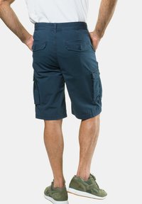 Navy blue cargo shorts made of fabric, featuring a straight cut, two side pockets, two back pockets, and a hem just above the knee.