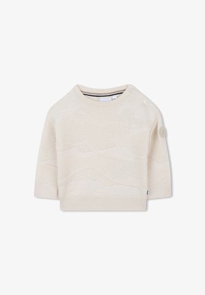 Maglione corto in avorio a maglia, con maniche corte, motivo testurizzato, scollatura rotonda e due bottoni sulla spalla sinistra.