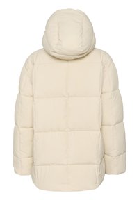 Crème pufferjack met een capuchon, gestikt ontwerp met rechthoekige secties en elastische manchetten voor warmte en comfort.