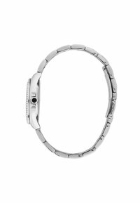 Orologio in acciaio inossidabile argento con quadrante rettangolare, superficie liscia e bracciale a maglie. Presenta un pulsante circolare e accenti incastonati.