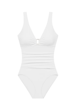Bílé jednodílné plavky s hlubokým výstřihem, řasenými stranami a kovovým detailem uprostřed vpředu. Hladký, elastický materiál.