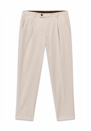 Beige men's pleated trousers with side pockets, button closure, belt loops, and a straight-leg fit.