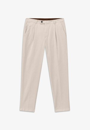 Beige Herren-Faltenhose mit seitlichen Taschen, Knopfverschluss, Gürtelschlaufen und geradem Bein.