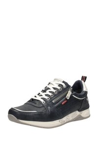 Zapatillas de piel azul marino con cordones blancos, detalle de cremallera y suelas de goma. Presentan un tacón blanco en contraste y una sutíl textura perforada.