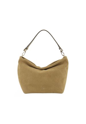 Suede handbag in a muted tan color with a curved shape. Features a single shoulder strap and simple metal hardware for closure.