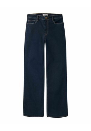 Jean bleu foncé à jambes larges avec bouton et fermeture éclair devant, comprenant deux poches avant et deux poches arrière, avec des détails de couture visibles.