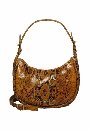 Borsa a mano in pelle sintetica marrone lucido con motivo a pelle di serpente, dalla forma curva, con manico corto e tracolla regolabile e staccabile con fibbia dorata.