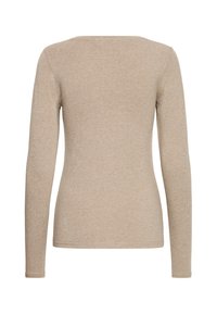 Beige langärmliges, tailliertes Hemd von hinten gezeigt, mit Rundhalsausschnitt und schlichter Gestaltung.