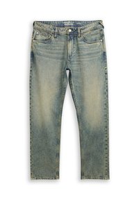 Jeans de mezclilla azul desgastado con un diseño de pierna recta, cinco bolsillos y un cierre de botón y cremallera. Acabado ligeramente desgastado.