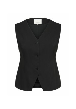 Fekete ujjatlan szabott mellény V-nyakkivágással és három gombbal az elején, enyhén bővülő szegéllyel és sima anyagstrukturával.
