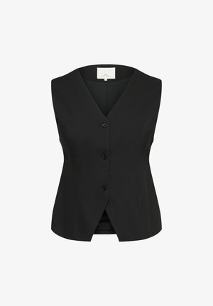 Veste noire sans manches, cintrée, avec col en V et trois boutons sur le devant, ourlet légèrement évasé et texture de tissu lisse.