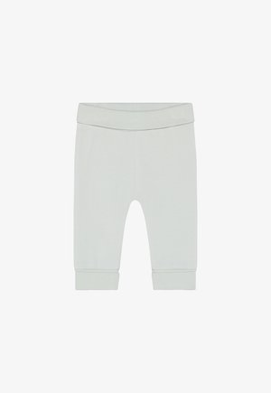 Lichtgrijze katoenen leggings met een brede elastische tailleband, taps toelopende pasvorm en geribbelde manchetten. Gladde textuur, zonder patronen of extra details.