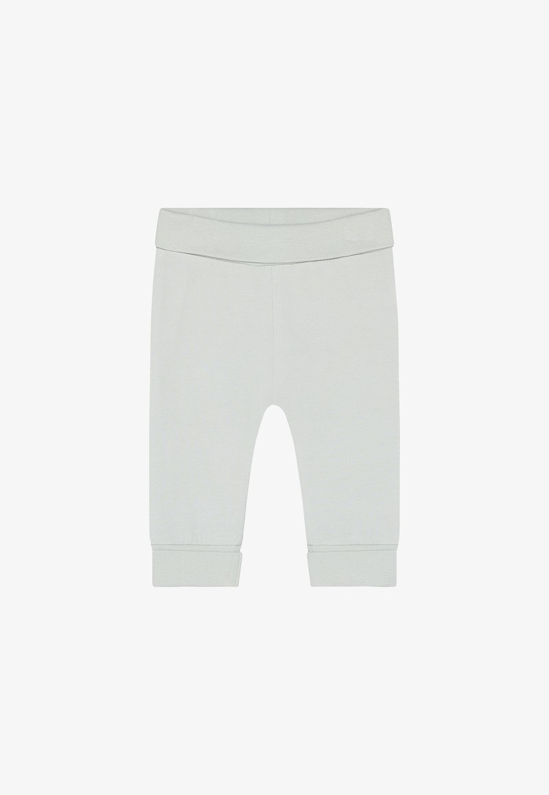 Leggings en coton gris clair avec une large ceinture élastique, coupe fuselée et bords côtelés. Texture lisse, sans motifs ni détails supplémentaires.