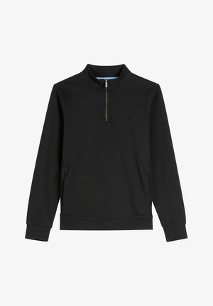 Czarna bluza z długim rękawem, z zamkiem na ćwierć długości, wysokim kołnierzem, dwoma bocznymi kieszeniami oraz małym kwadratowym logo na lewej piersi.