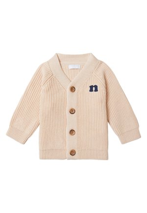 Beige knitted baby cardigan with four brown buttons and a small navy blue "n" embroidered on the left chest.