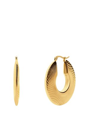 Gold-tone hoop earrings with a ribbed, curved design, one shown from side and the other facing front with latch closure visible.