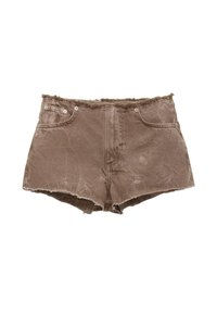 Ruske denimpurjehit shortsit, joissa on rispaantuneet reunat, etutaskut ja näkyvät saumat.