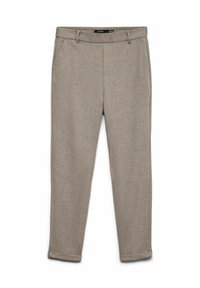 Pantaloni beige slim-fit su misura con passanti per cintura, tasche frontali e orlo piegato, presentati distesi su uno sfondo bianco.
