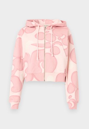 Κοντή ζακέτα με φερμουάρ από μαλακό ύφασμα, με ροζ και ανοιχτό ροζ αφηρημένο σχέδιο, με κουκούλα με κορδόνι και εμπρόσθιες τσέπες.