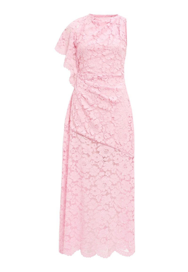 Rochie midi roz din dantelă cu model floral, mâneci de capă asimetrice și talie cambrată.