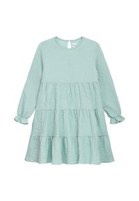 Mintgrünes Kleid mit langen Ärmeln, strukturiertem Stoff, gestuften Rüschendetails und einem Schlüsselrücken. Die Manschetten sind gerafft für einen leicht puffigen Look.