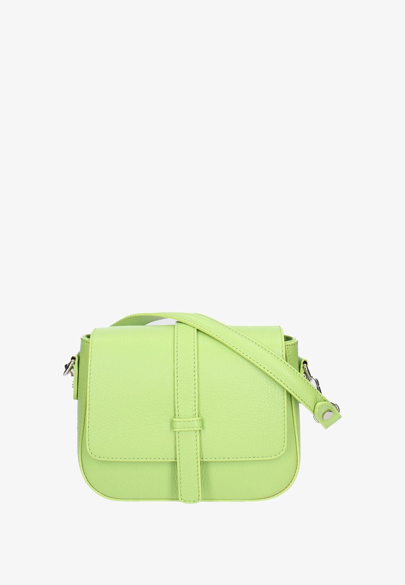 Borsa a tracolla verde in pelle con finitura testurizzata, forma rettangolare, chiusura a patta frontale e tracolla regolabile. Accessori in argento.