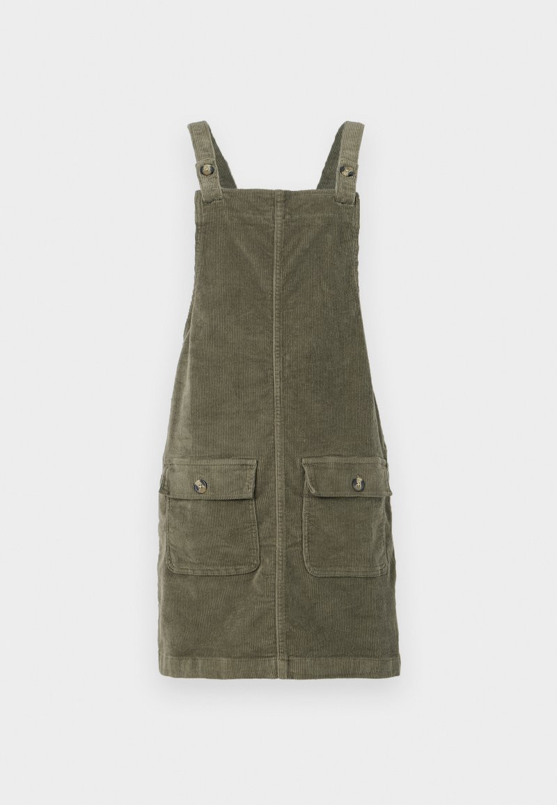Robe salopette en velours côtelé olive avec bretelles réglables, dotée de deux poches avant et d'une coupe droite. Tissu texturé.