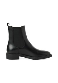 Bottine Chelsea noire en cuir avec panneaux latéraux élastiques, petit talon bloc, bout arrondi et languette à l'arrière.