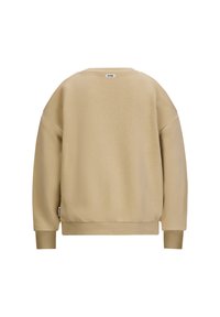 Felpa beige con scollo rotondo, spalle abbassate e maniche lunghe. Morbida al tatto, con polsini e orlo a costine, piccola etichetta del marchio sulla cucitura in basso a sinistra.