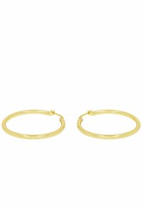 Orecchini a cerchio in oro con un design liscio e arrotondato. Realizzati in metallo, presentano una chiusura sicura e una superficie lucida e riflettente.