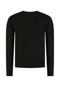 Zwarte trui met lange mouwen, ronde halslijn en geribbelde zoom. Gemaakt van een gladde stof, met een aansluitend ontwerp zonder zichtbare sluitingen.