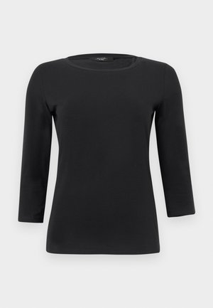 Chemise noire à manches longues avec col rond, silhouette ajustée et texture de tissu lisse et unie.