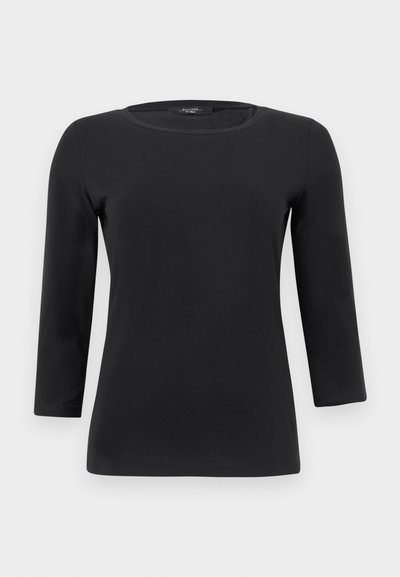 Μαύρο μπλουζάκι μακρυμάνικο με στρογγυλή λαιμόκοψη, εφαρμοστή γραμμή και λεία, ομοιόμορφη υφή υφάσματος.