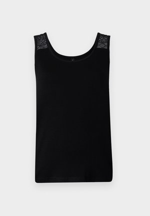 Sort tanktopp laget av mykt stoff, med blonderdetaljer på skuldrene og en rund halslinje. Enkel design med rett snitt.