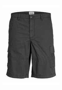 Shorts cargo gris foncé avec bouton et fermeture éclair à l'avant, passants pour ceinture, et poches latérales à rabat.
