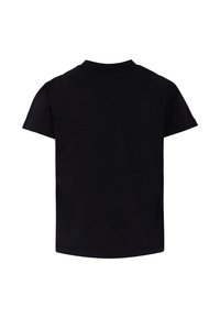 Zwarte T-shirt met korte mouwen van zachte stof, met een ronde hals en een standaard pasvorm. Geen zichtbare logo's of patronen.