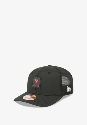 Black baseball cap with mesh sides, featuring a pink Arizona Cardinals logo patch on the front and a branded side logo. Adjustable strap.