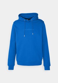 Felpa blu con cappuccio, dotata di coulisse frontale e marchio in rilievo discreto sul petto, maniche lunghe e polsini e orlo a coste.