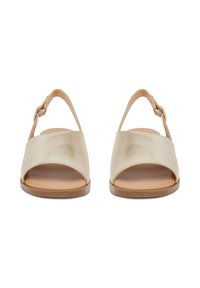 Zlaté sandály s otevřenou špičkou, širokým hladkým předním páskem a přezkou na kotníku. Plochá podešev s minimalistickým designem a neutrální barvou.