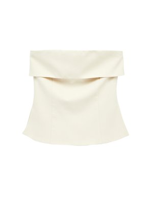 Ein elfenbeinfarbenes, trägerloses Oberteil mit weitem, umgeschlagenem Ausschnitt und maßgeschneiderten Nähten, die eine figurbetonte, strukturierte Silhouette formen.