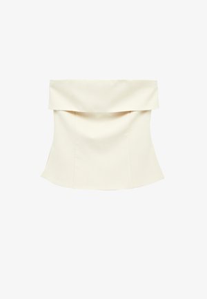 Top senza spalline color avorio, con collo ampio ripiegato e cuciture sagomate, che creano una silhouette aderente e strutturata.