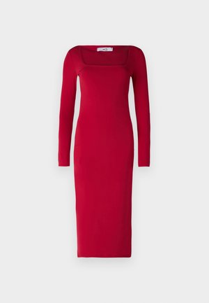 Red, long-sleeve, fitted dress with a square neckline and ankle-length skirt; made of smooth fabric with no visible patterns or embellishments.