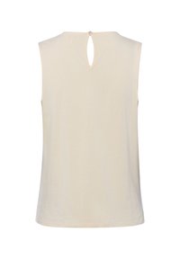 Cremefarbener ärmelloser Oberteil mit einem Schlüsselloch-Verschluss am Rücken, der einen kleinen Knopf aufweist. Weicher Stoff, schlichtes Design, ohne Muster oder Akzente.