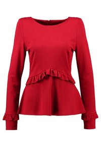 Rød langærmet top lavet af blødt stof, med en scoop-udskæring og rynket talje med peplum-design samt rynkede manchetter.