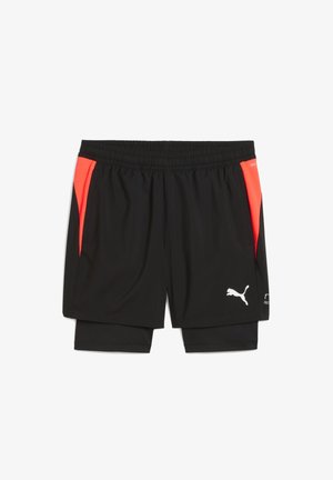 Shorts de sport negri cu talie elastică, având accente laterale din plasă roșie și un logo alb Puma în partea dreaptă jos.