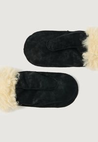 Black suede mittens with a soft cream fur cuff. Features a simple, rounded design and a smooth texture. No visible hardware or patterns.